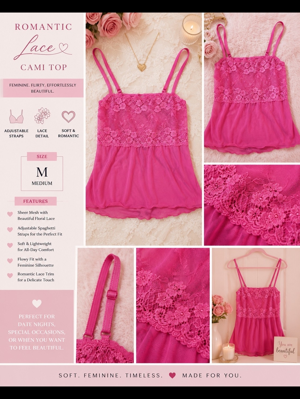Romantic Lace Cami Top - Hot Pink